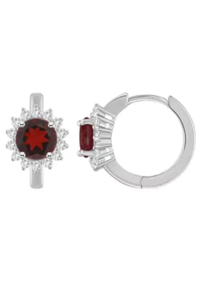 Sterling Silver 6mm Round Garnet and White Topaz Halo Huggie Hoop Earrings