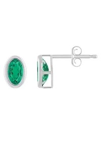 Lab Created Sterling Silver 6x4mm Oval Created Emerald Stud Earrings
