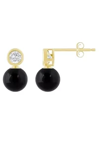 10K Yellow Gold 5mm Sphere Black Onyx & White Topaz Accents Drop Earrings