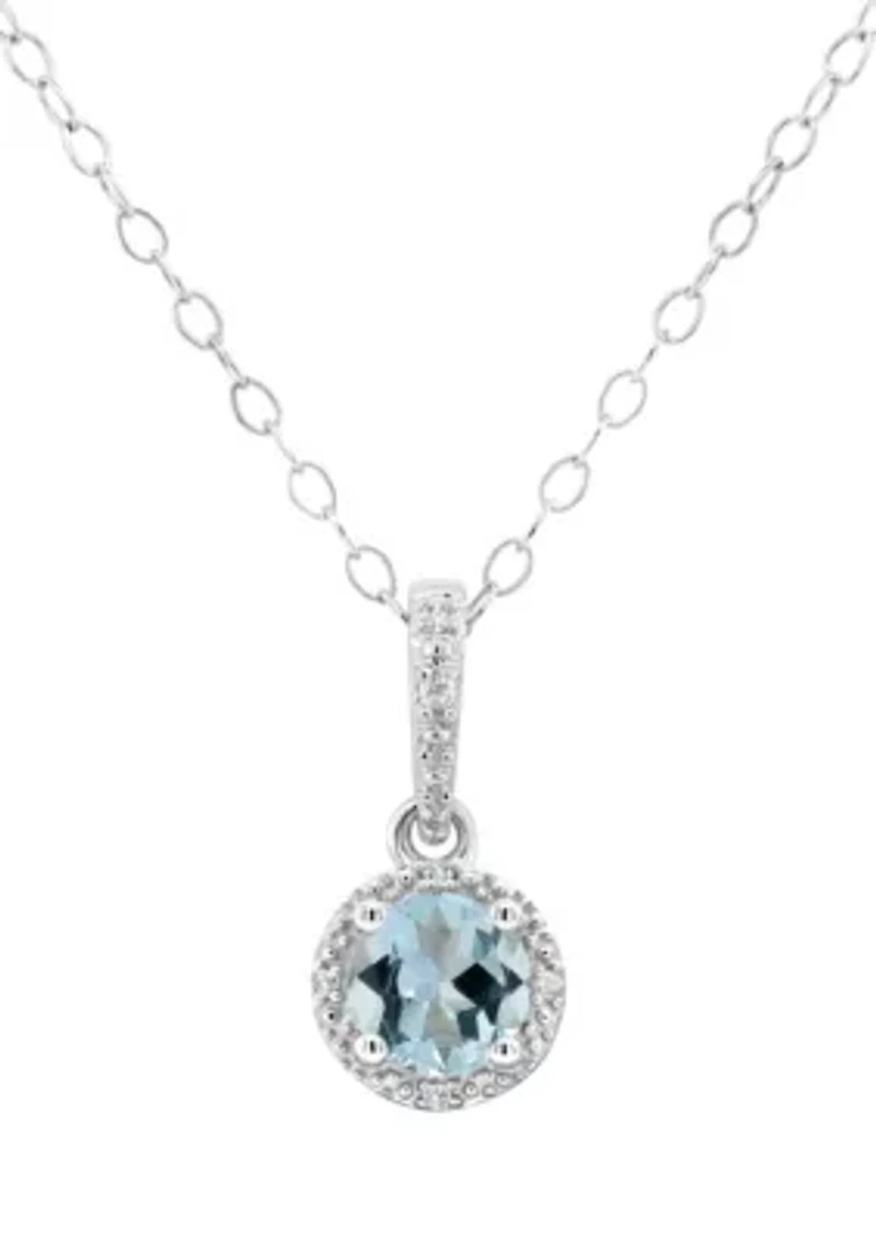 Sterling Silver 5mm Round Aquamarine Diamond Accent Halo Pendant Necklace