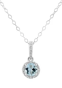 Sterling Silver 5mm Round Aquamarine Diamond Accent Halo Pendant Necklace