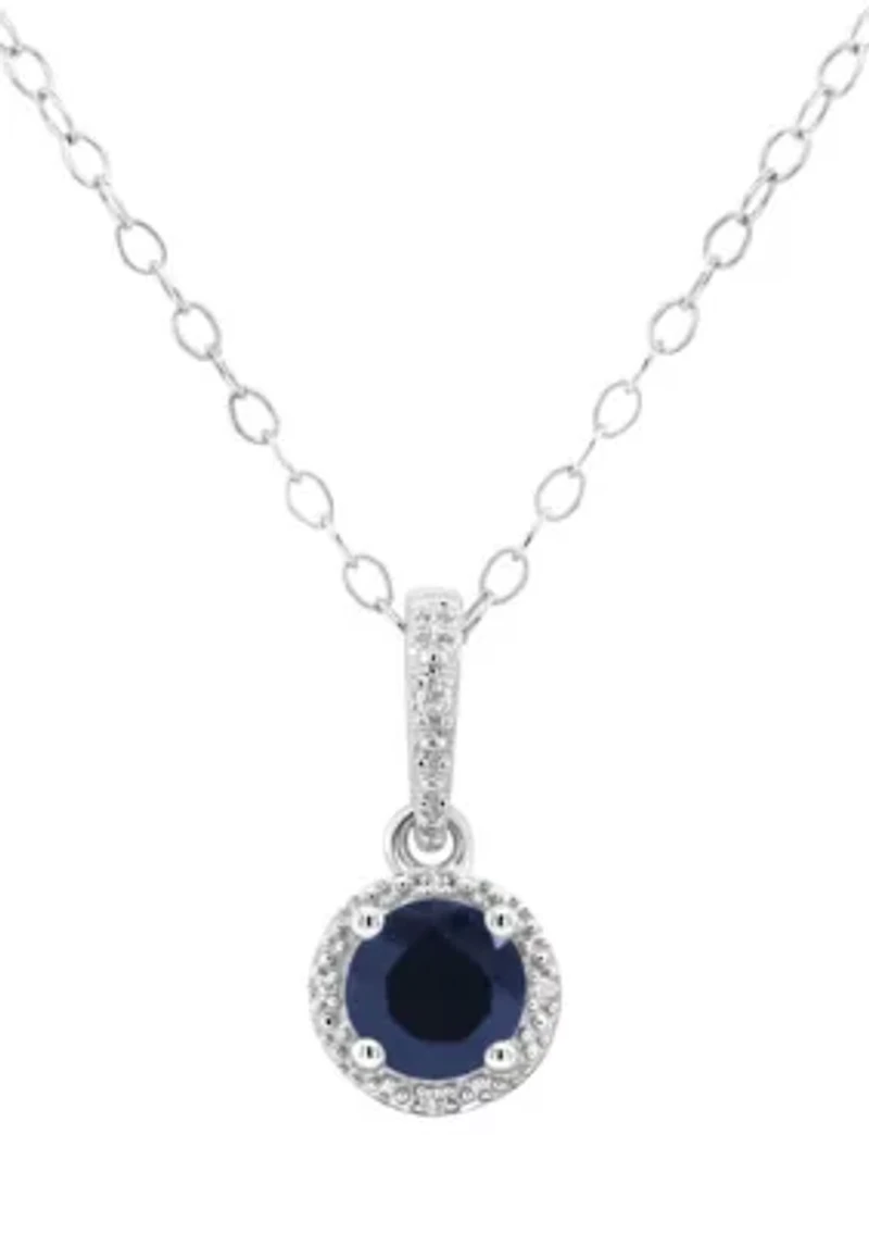 Sterling Silver 5mm Round Sapphire Diamond Accent Halo Pendant Necklace