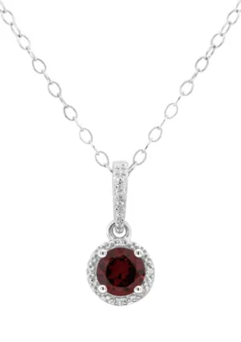 Sterling Silver 6mm Round Garnet Diamond Accent Halo Pendant Necklace