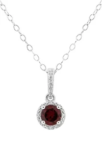 Sterling Silver 6mm Round Garnet Diamond Accent Halo Pendant Necklace
