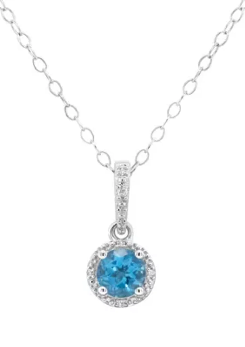 Sterling Silver 6mm Round Blue Topaz Diamond Accent Halo Pendant Necklace