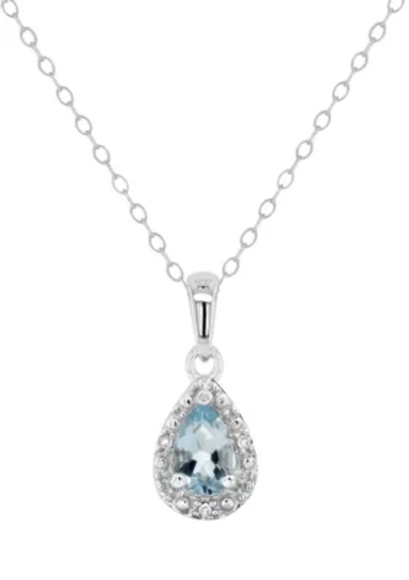 Sterling Silver 6x4mm Pear Shaped Aquamarine Diamond Accent Halo Pendant Necklace