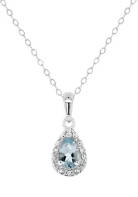 Sterling Silver 6x4mm Pear Shaped Aquamarine Diamond Accent Halo Pendant Necklace