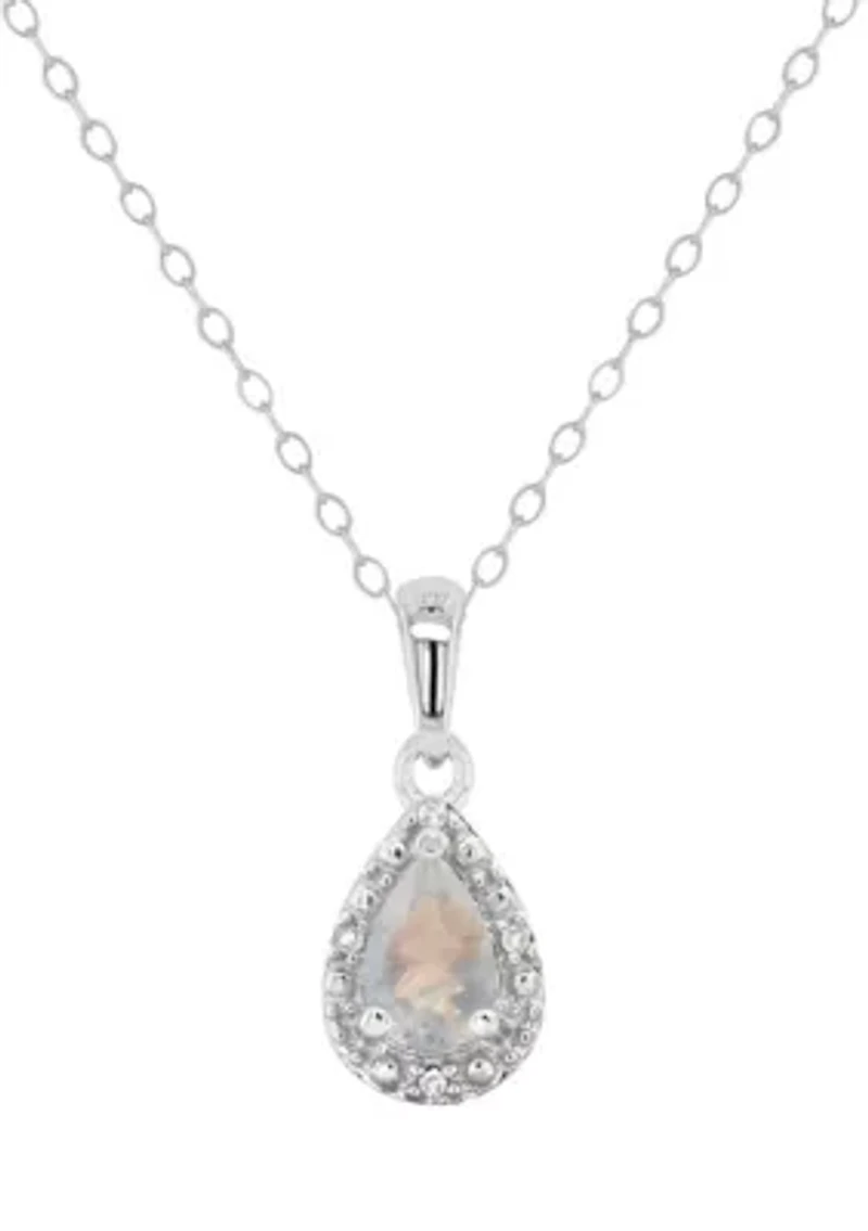 Sterling Silver 6x4mm Pear Shaped Moonstone Diamond Accent Halo Pendant Necklace