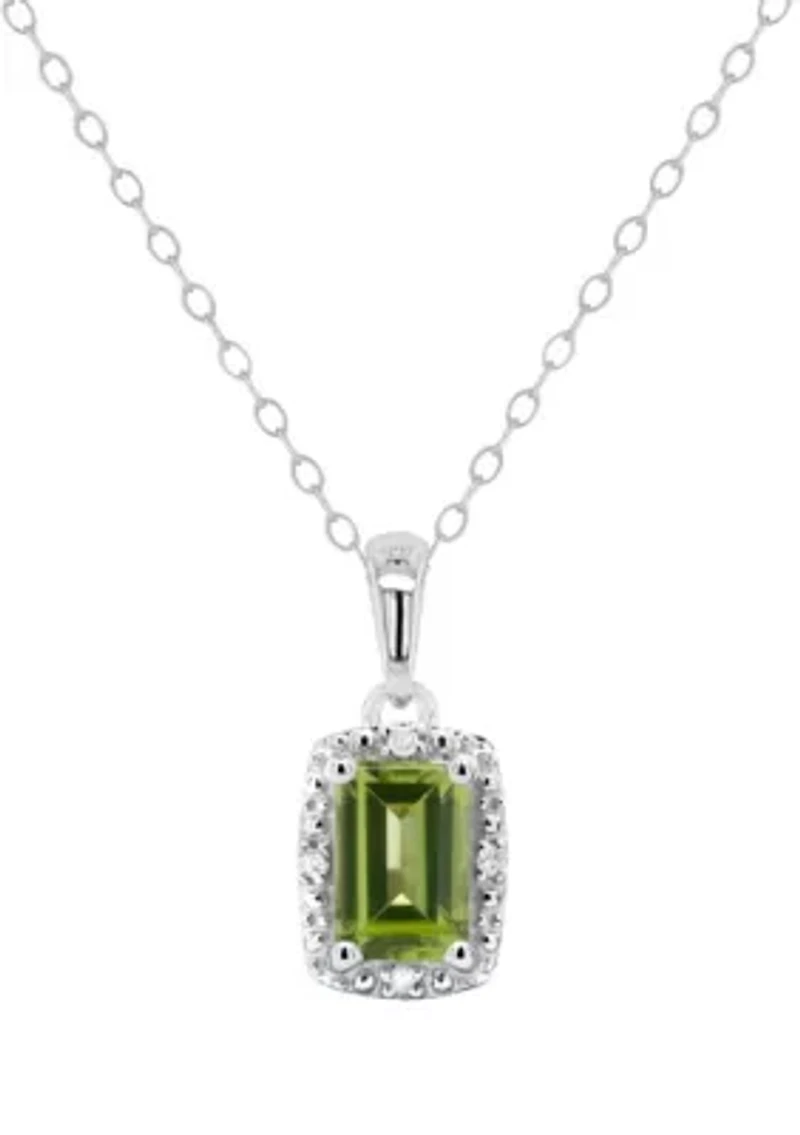 Sterling Silver 6x4mm Emerald Cut Peridot Diamond Accent Halo Pendant Necklace