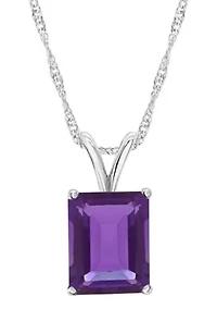 Sterling Silver 10x8mm Emerald Cut Amethyst Pendant Necklace