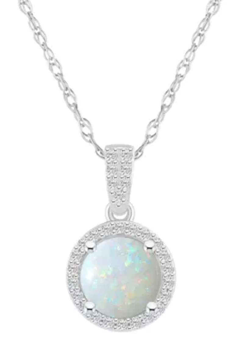 Lab Created 10K White Gold 7mm Round Created Opal And Created White Sapphire Halo Pendant Necklace