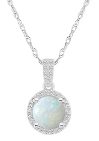 Lab Created 10K White Gold 7mm Round Created Opal And Created White Sapphire Halo Pendant Necklace