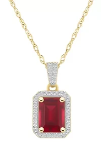 Lab Created 10K Yellow Gold 8x6mm Emerald Cut Created Ruby & Created White Sapphire Halo Pendant Necklace