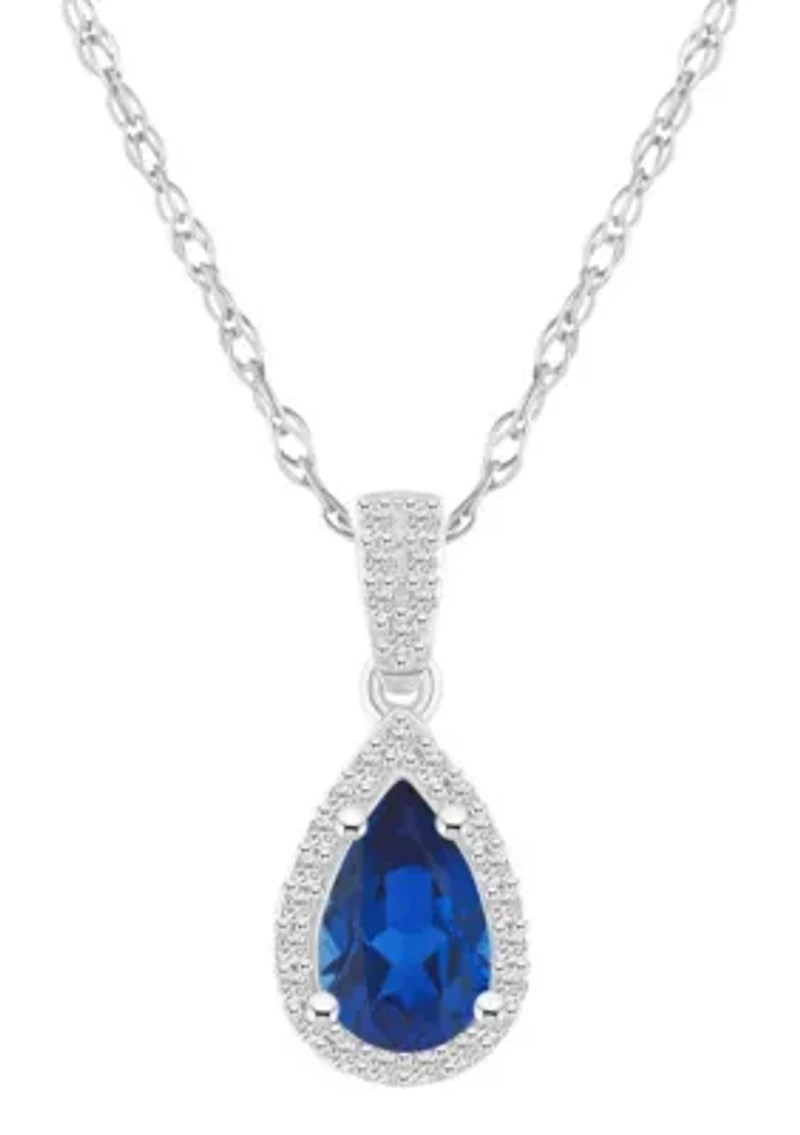 Lab Created 10K White Gold 8x5mm Pear Shape Created Sapphire & Created White Sapphire Halo Pendant Necklace