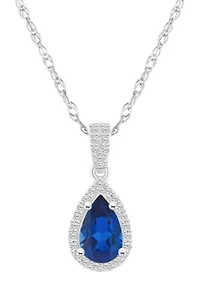 Lab Created 10K White Gold 8x5mm Pear Shape Created Sapphire & Created White Sapphire Halo Pendant Necklace