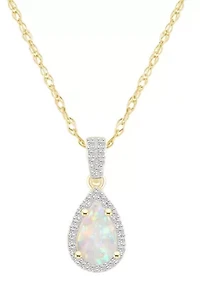 Lab Created 10K Yellow Gold 8x5mm Pear Shape Created Opal And Created White Sapphire Halo Pendant Necklace