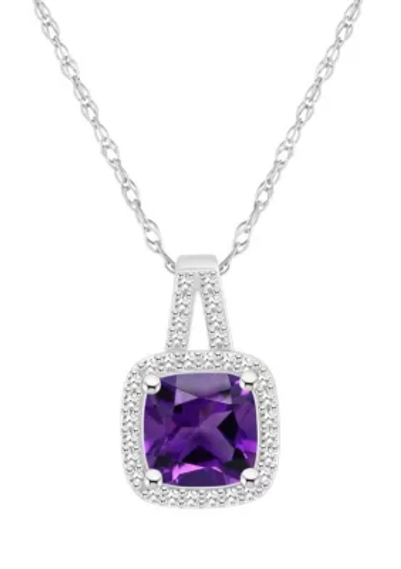 Sterling Silver 7mm Cushion Amethyst 1/6 CTTW Diamond Halo Pendant Necklace