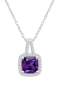 Sterling Silver 7mm Cushion Amethyst 1/6 CTTW Diamond Halo Pendant Necklace