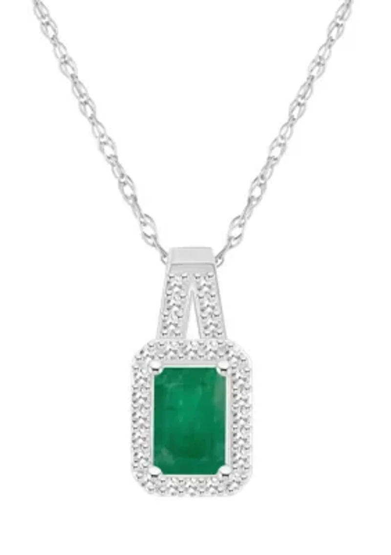 Sterling Silver 6x4mm Emerald Cut Emerald 1/8 CTTW Diamond Halo Pendant Necklace