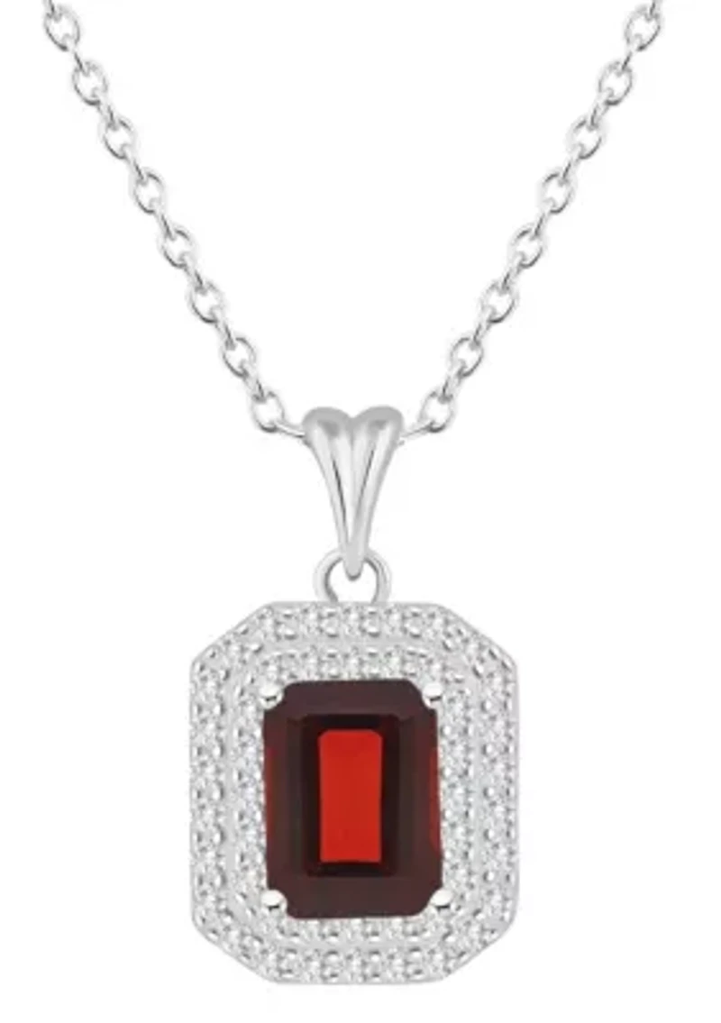 Sterling Silver 8x6mm Emerald Cut Garnet And White Topaz Double Halo Pendant Necklace