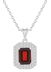 Sterling Silver 8x6mm Emerald Cut Garnet And White Topaz Double Halo Pendant Necklace