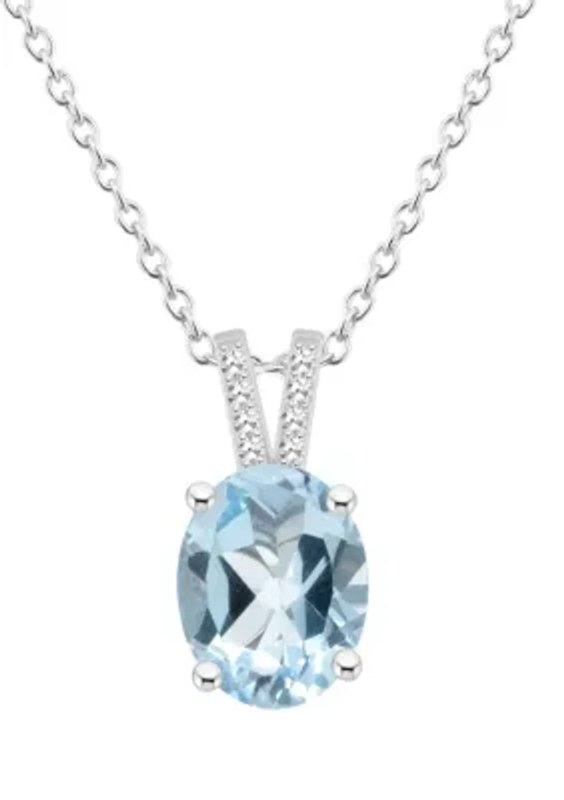 Sterling Silver 10x8mm Oval Sky Blue Topaz Diamond Accent Pendant Necklace