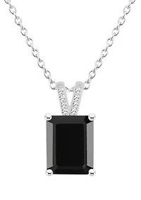 Sterling Silver 10x8mm Emerald Cut Black Onyx Diamond Accent Pendant Necklace