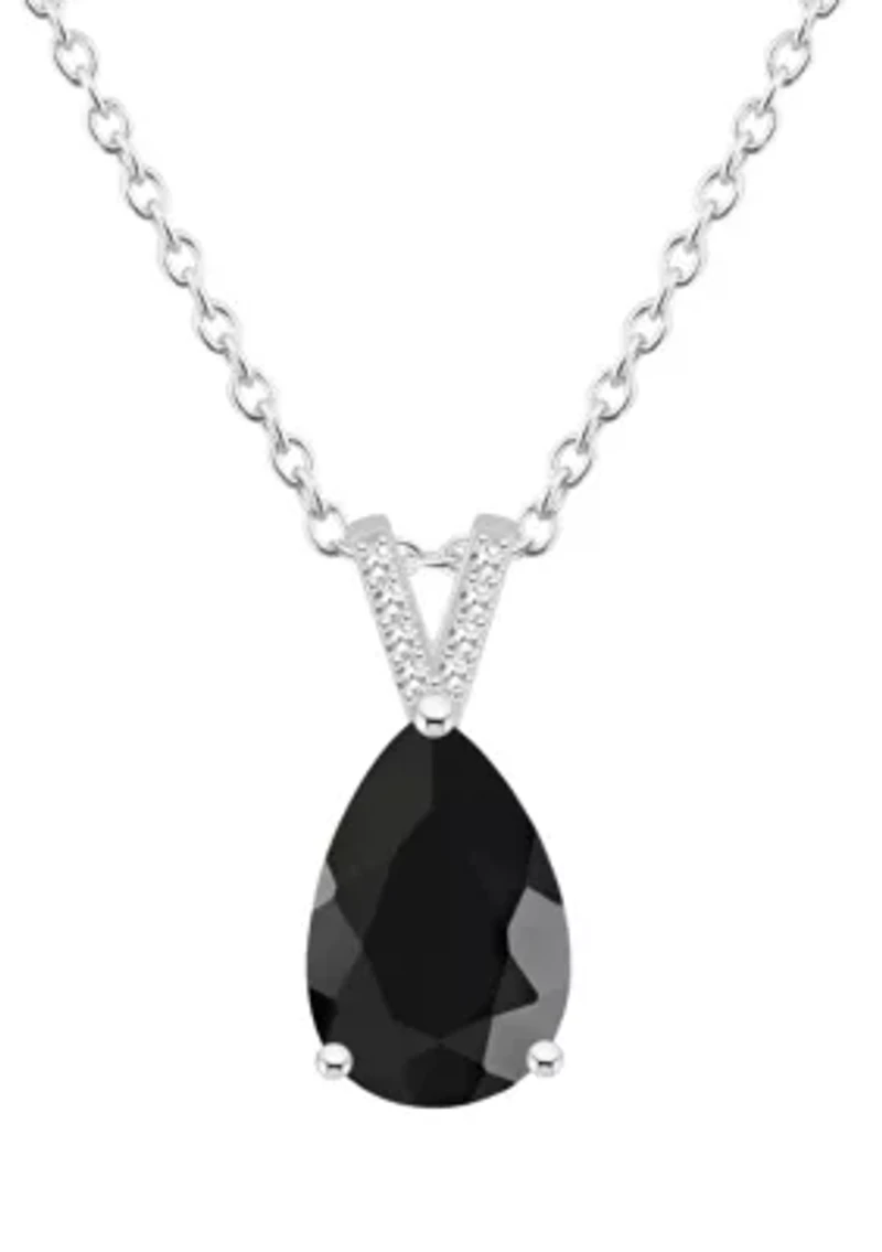 Sterling Silver 12x8mm Pear Shape Black Onyx Diamond Accent Pendant Necklace