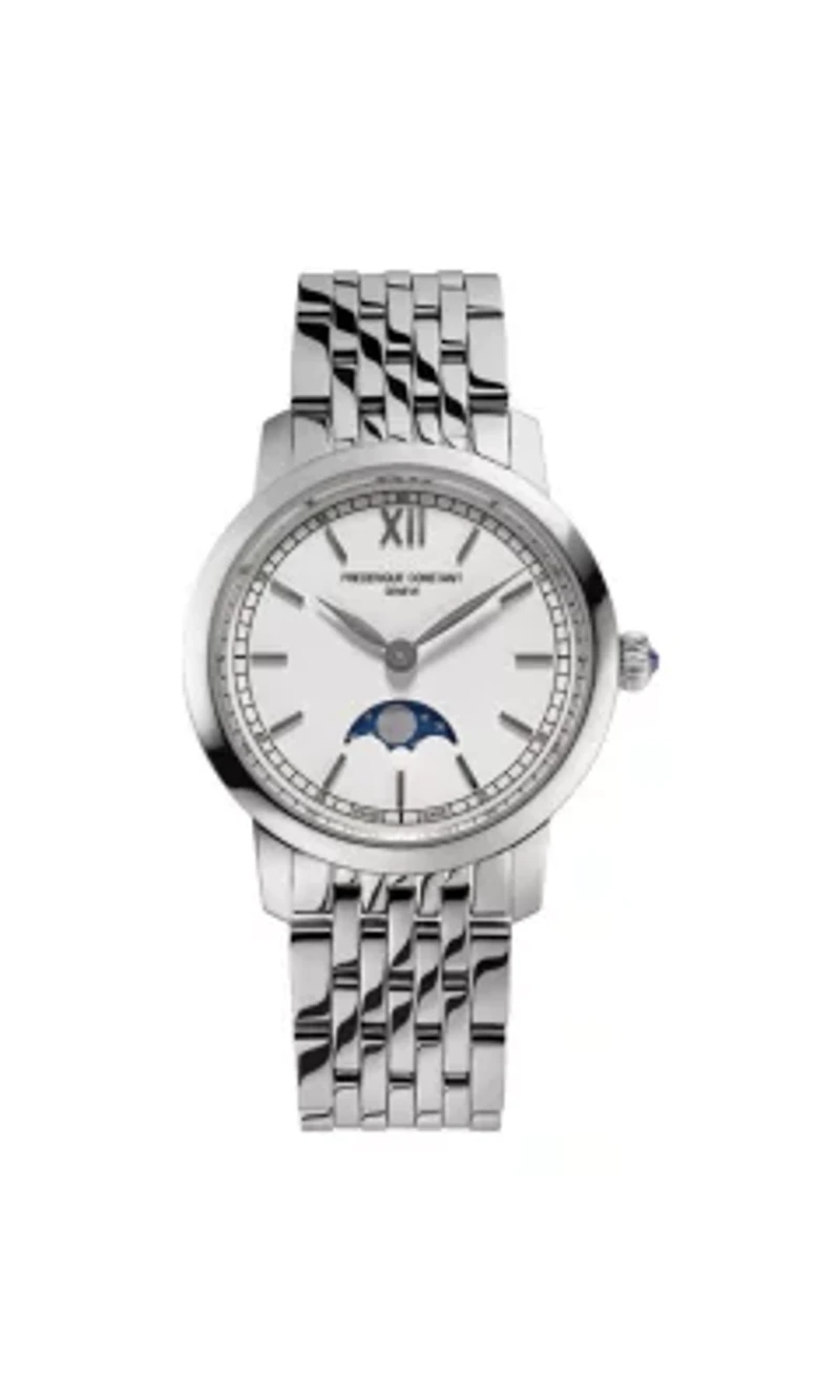 Swiss Women's Slimline Moonphase Silver-tone Stainless Steel Bracelet Watch