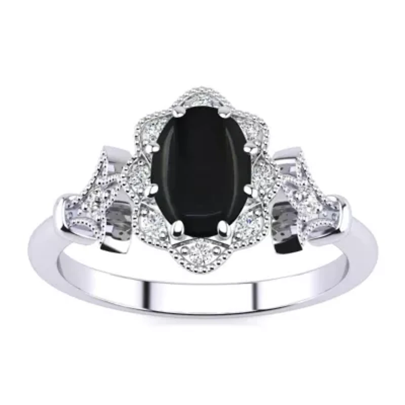 1 ct. t.w. Oval Shape Black Onyx and Halo Diamond Ring In Sterling Silver