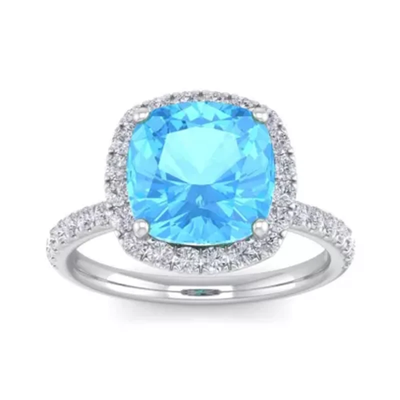 5 1/2 ct. t.w. Cushion Cut Blue Topaz and Double Halo Diamond Ring Sterling Silver