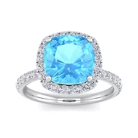 5 1/2 ct. t.w. Cushion Cut Blue Topaz and Double Halo Diamond Ring Sterling Silver