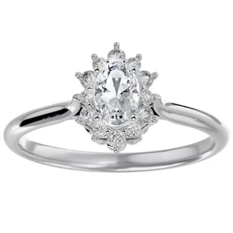 Lab Created 2/3 ct. t.w. Oval Shape Moissanite and Halo Diamond Ring Sterling Silver