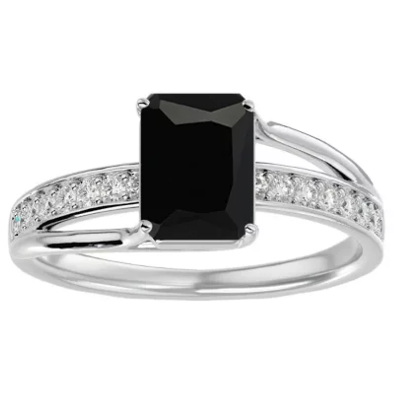 1 3/4 Carat Emerald Shape Black Onyx and Diamond Ring In Sterling Silver