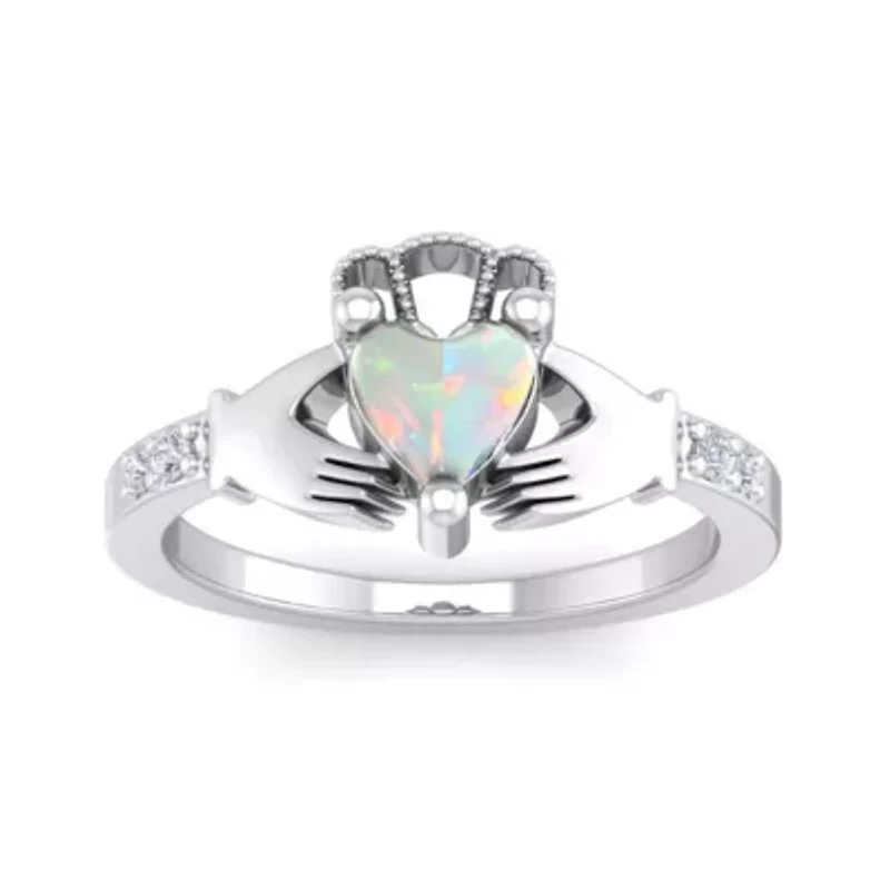 Lab Created 1cttw Heart Shape Created Opal and Diamond Claddagh Ring In Sterling Silver