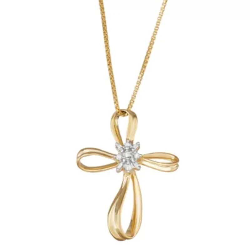 1/10 Cttw Diamond Cross Pendant Necklace Rhodium Plated Sterling Silver