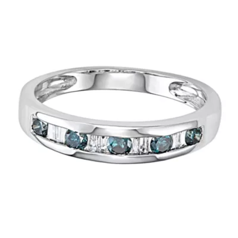 1/2 CTTW Blue Diamond And Baguette Wedding Band 10K White Gold