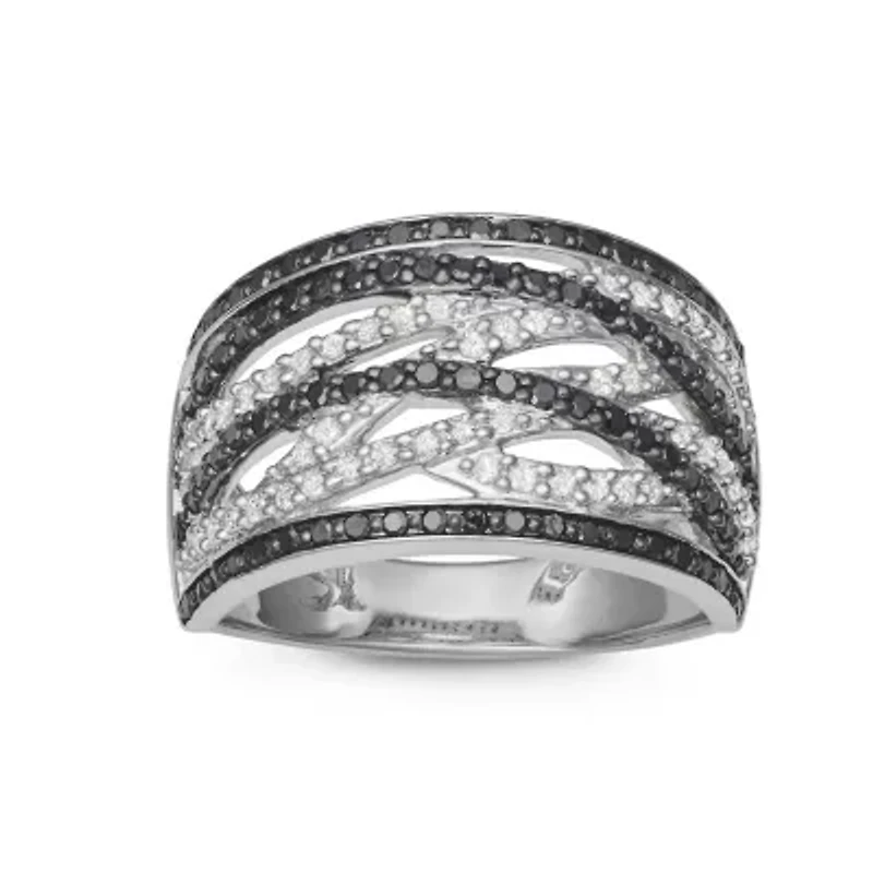 1/2 CTTW Black And White Diamond By Pass Cocktail Ring Sterling Silver