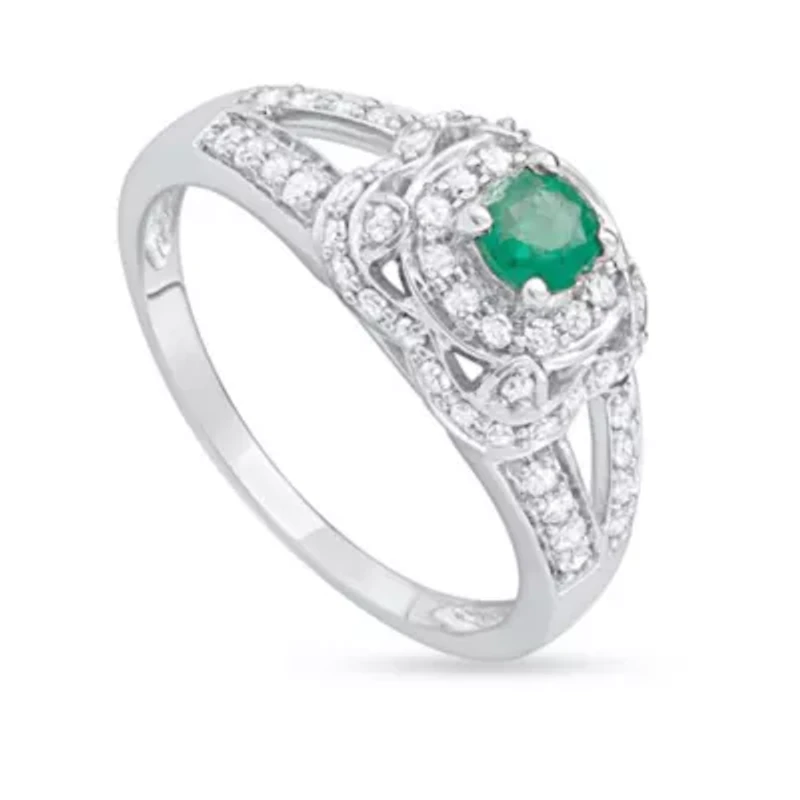 1 CTTW Diamond And Green Emerald Engagement Ring 14KW