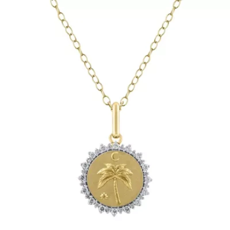 1/4Ctw Medallion Palm Tree Diamond Pendant in 925 Silver with 18K Yellow Gold Plating 18" Cable Chain