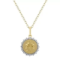 1/4Ctw Medallion Palm Tree Diamond Pendant in 925 Silver with 18K Yellow Gold Plating 18" Cable Chain