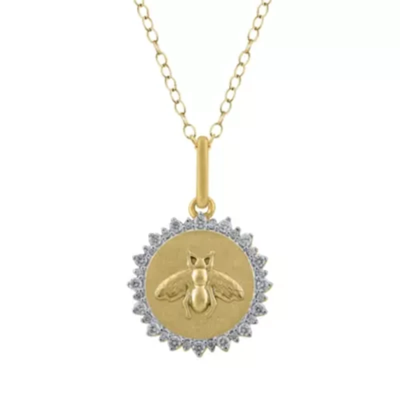 1/4Ctw Medallion Honey Bee Diamond Pendant in 925 Silver with 18K Yellow Gold Plating 18" Cable Chain
