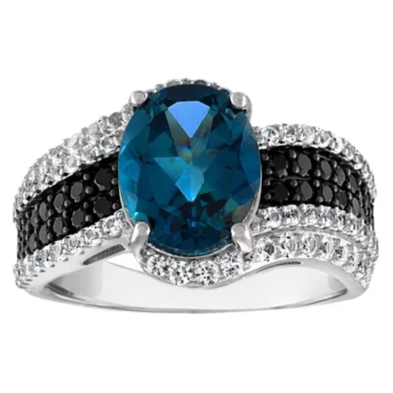 Sterling Silver London Blue Topaz, Black Spinel And Created White Sapphire Ring