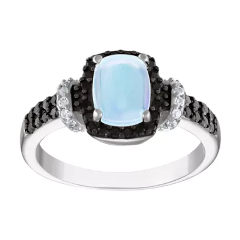 Sterling Silver Opal, Black Spinel, And Created White Sapphire Ring