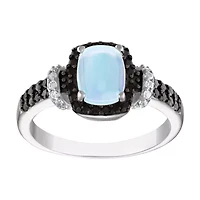 Sterling Silver Opal, Black Spinel, And Created White Sapphire Ring