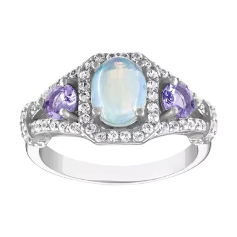 Sterling Silver Opal, Tanzanite, And Created White Sapphire Ring