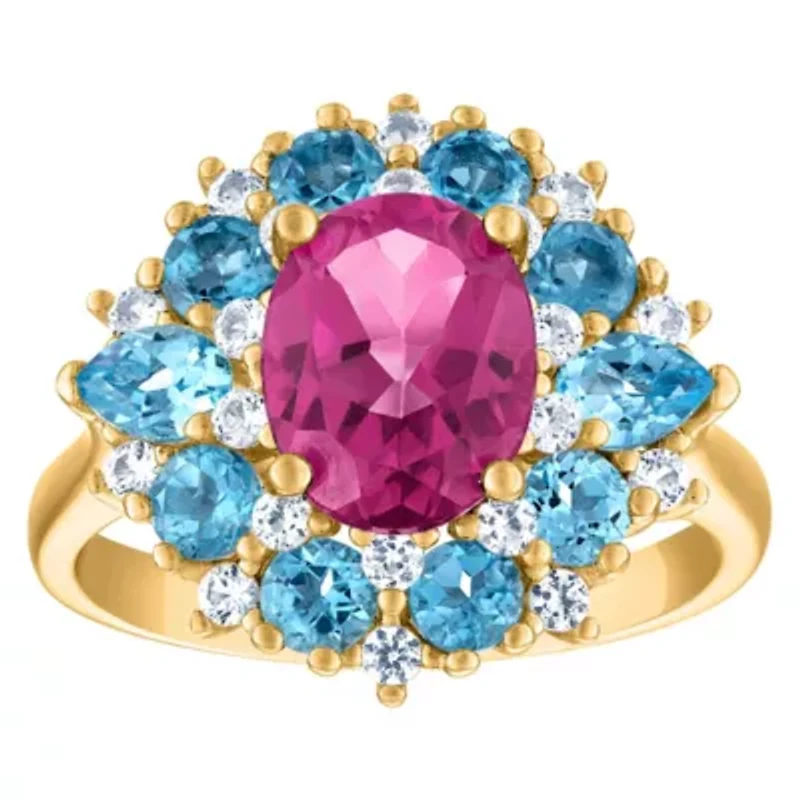 14K Gold Over Silver Pink Topaz, Swiss Blue And Created White Sapphire Ring