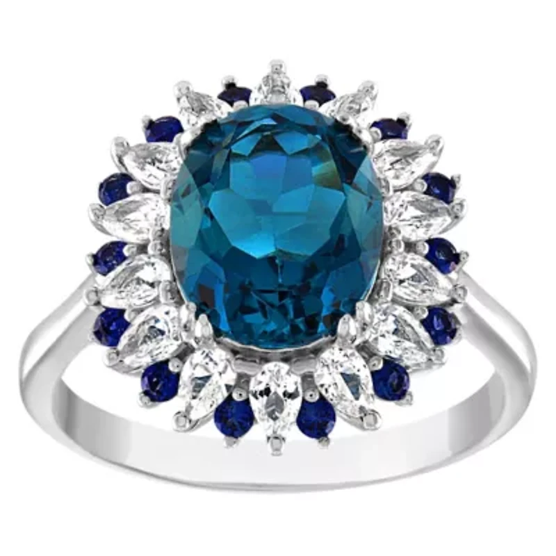 Sterling Silver London Blue Topaz, Created Sapphire, And White Sapphire Ring