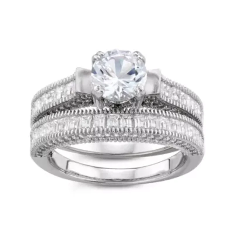 Lab Created Sterling Silver White Sapphire Rnd Halo Engagement Stackable Ring