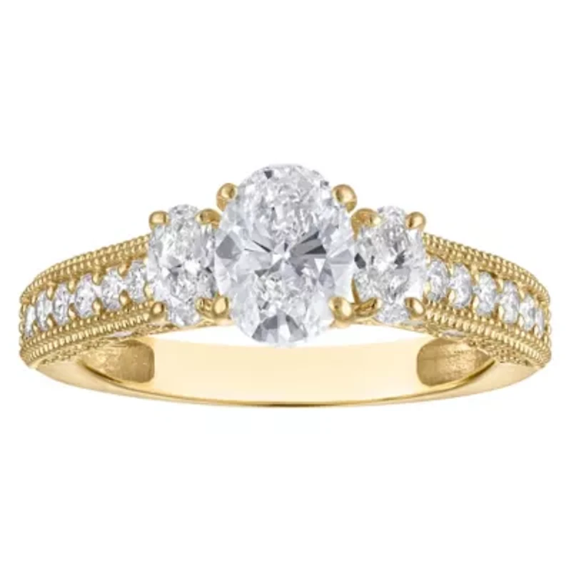 Lab Created 14k Yellow Gold 2 cttw Lab-Grown Diamond 3-Stone Oval Engagement Ring